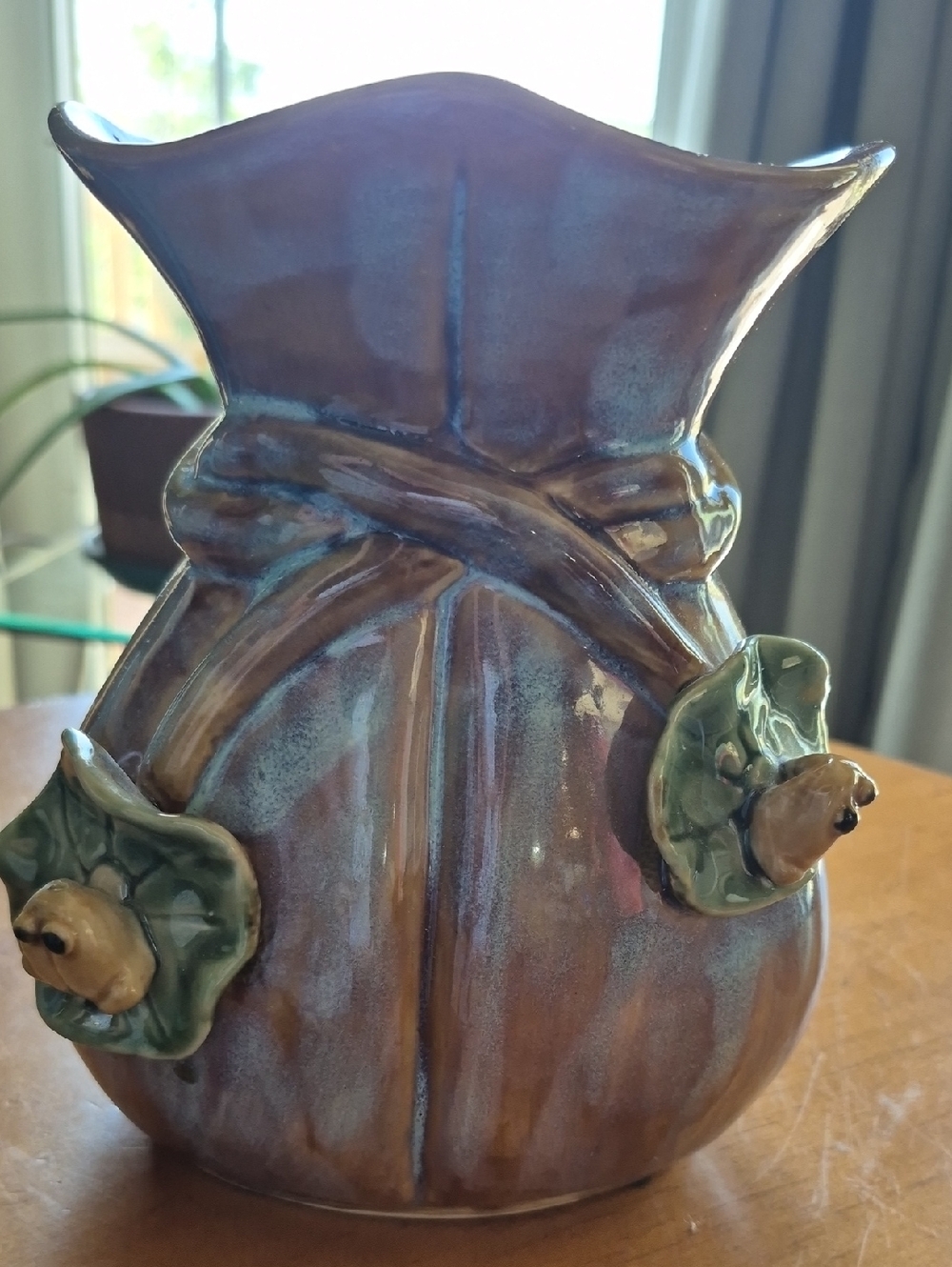 Vintage Majolica Style Handcrafted Brown Gloss Ceramic Vase with Frog Accents.